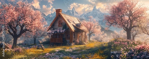 Quaint cottage surrounded by blooming cherry blossoms, 4K hyperrealistic photo