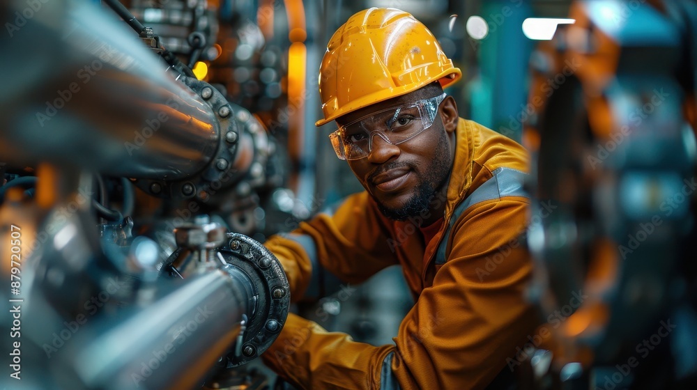 An engineer diligently working on complex machinery in a factory, dressed in protective equipment, highlighting the importance of safety and precision in industrial settings. An engineer diligently working on complex machinery in a factory, dressed in protective equipment, highlighting the importance of safety and precision in industrial settings.