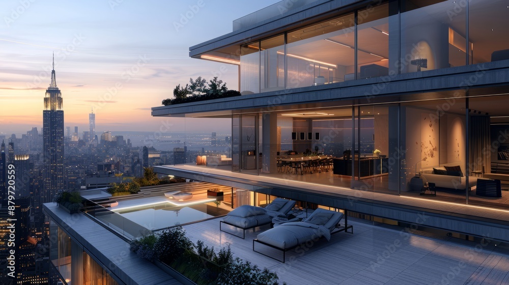Fototapeta premium Luxury High-Rise Apartment with City Skyline View and Pool