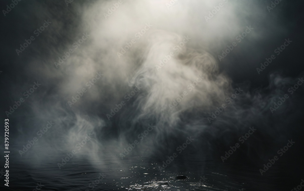 Mystical atmosphere of a foggy lake with a bright light in the middle Mystical atmosphere of a foggy lake with a bright light in the middle