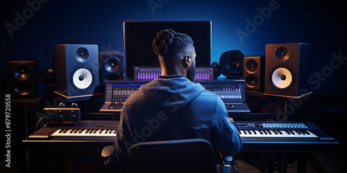 Focused black music producer using synthesizer and mixing console in his professional audio studio