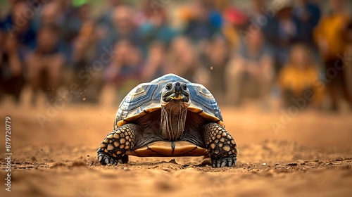 Determined tortoise advancing in a sandy arena with blurry cheering spectators, representing perseverance and determination photo