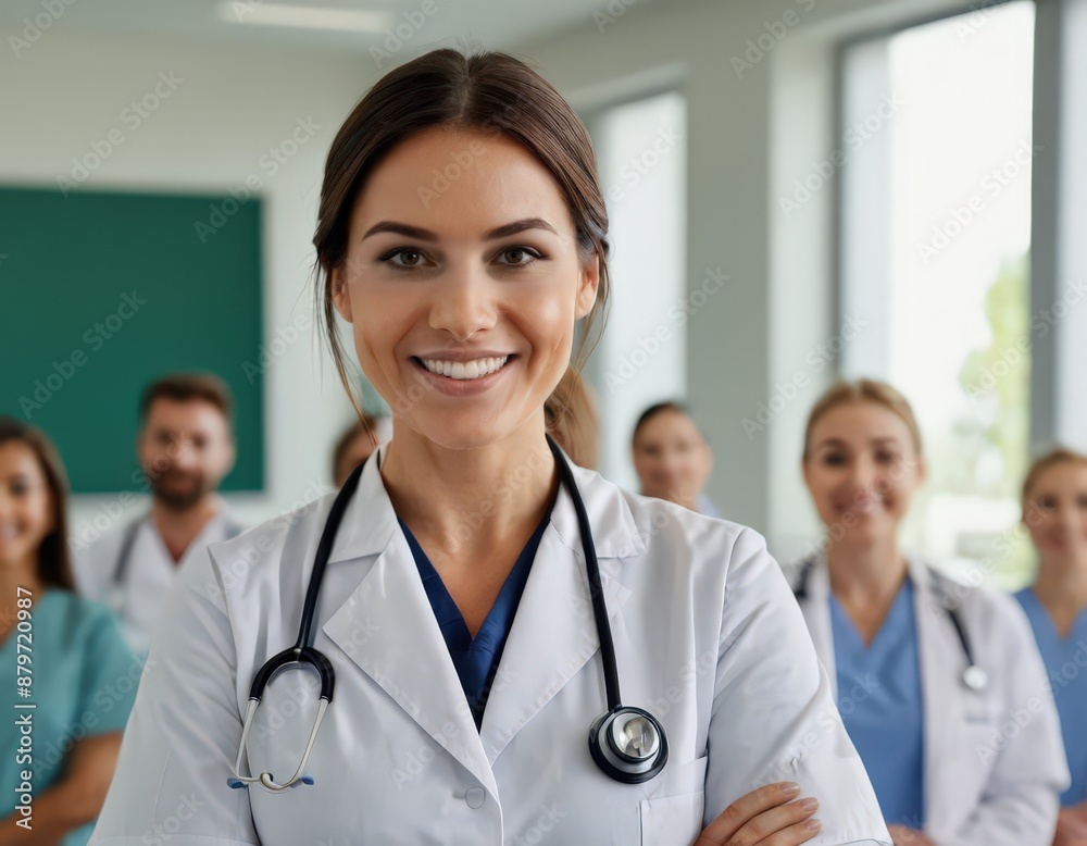 Woman in a Hospital Setting with a Stethoscope Around her Neck Smiling. Woman in a Hospital Setting with a Stethoscope Around her Neck Smiling.