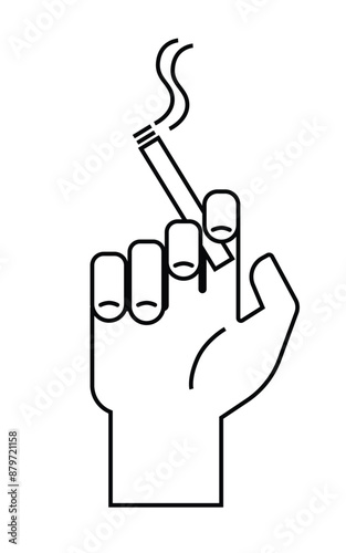 A close-up image of a man's hand holding a lit cigarette with smoke rising, positioned between two fingers