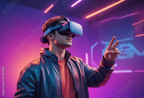 Man with virtual reality VR goggle playing AR 
augmented reality game and entertainment, game futuristic lifest, Generative Ai 