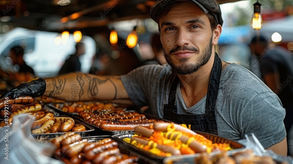 A food vendor, with tattoos and a cap, smiling proudly at his array of grilled sausages in a well-lit market stall, showcasing culinary expertise and passion for street food. A food vendor, with tattoos and a cap, smiling proudly at his array of grilled sausages in a well-lit market stall, showcasing culinary expertise and passion for street food.