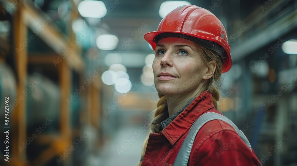 A female worker in red coveralls and a red helmet is depicted looking ahead, symbolizing focus and determination, set against the backdrop of a busy industrial factory. A female worker in red coveralls and a red helmet is depicted looking ahead, symbolizing focus and determination, set against the backdrop of a busy industrial factory.