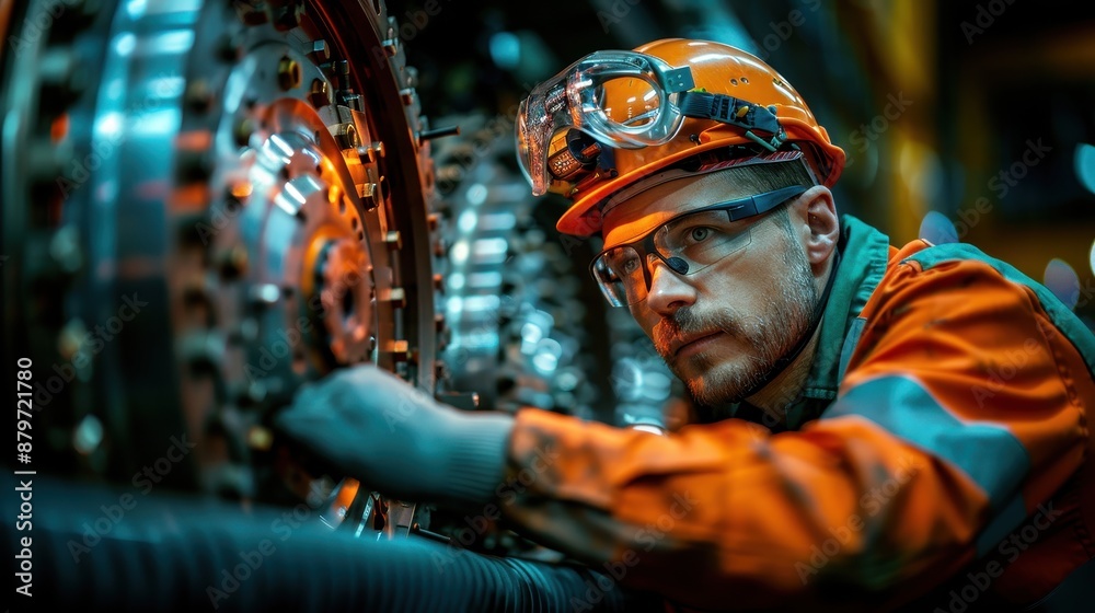 An intense image of an engineer wearing safety gear meticulously working on complex industrial machinery, showcasing the precision, dedication, and modern technology in engineering. An intense image of an engineer wearing safety gear meticulously working on complex industrial machinery, showcasing the precision, dedication, and modern technology in engineering.
