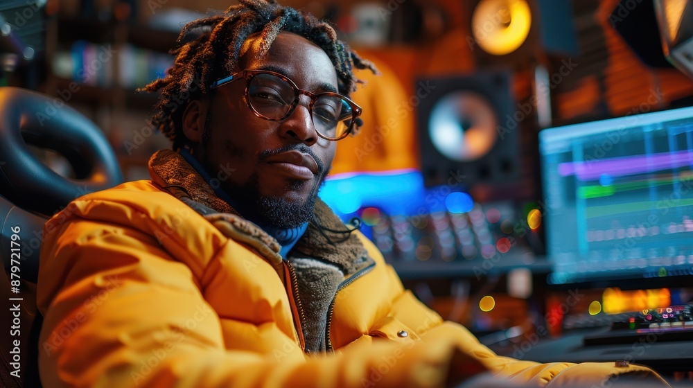 Obraz premium A man wearing glasses works in a studio surrounded by professional audio equipment, representing creativity, dedication, and professional expertise within a modern technical setting.