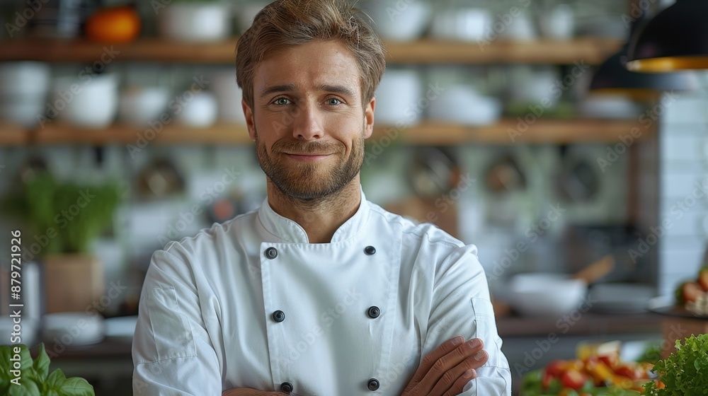 A young chef in a white uniform, confidently standing with arms crossed in a beautifully organized restaurant kitchen, ready to prepare culinary delights.