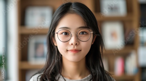 Young Asian student girl wearing glasses. PNG file format transparent background.
