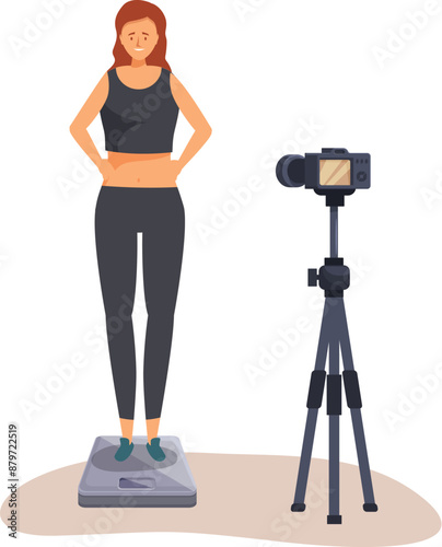 Fitness blogger is recording a video blog about weight loss progress standing on smart scales