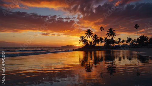 Coconut palm dramatic tropical beach sunset with sea reflection illustration, Tropical Beach Sunset with Coconut Palm and Reflective Water.