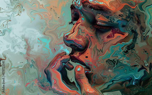 Colorful abstract portrait of a pensive woman , lost in thought with a hint of sadness , painted in a psychedelic style with vibrant colors and a fluid , dreamlike texture.