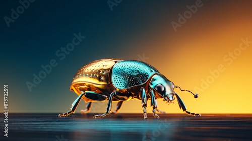 Golden and blue metallic beetle on a shiny surface with blurred background in warm colors