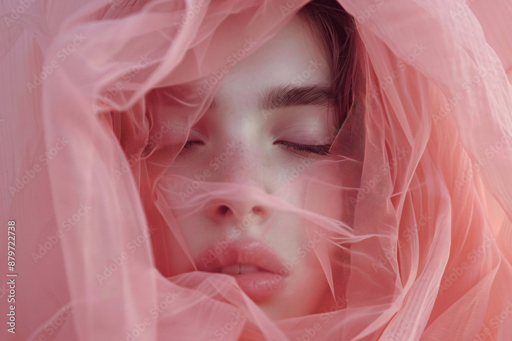 Young ethereal woman with eyes closed, covered with a pink transparent cloth
