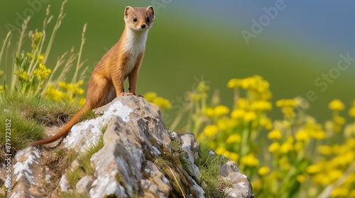 Least weasel (Mustela nivalis) standing on rock in front of blurred background of yellow flowers