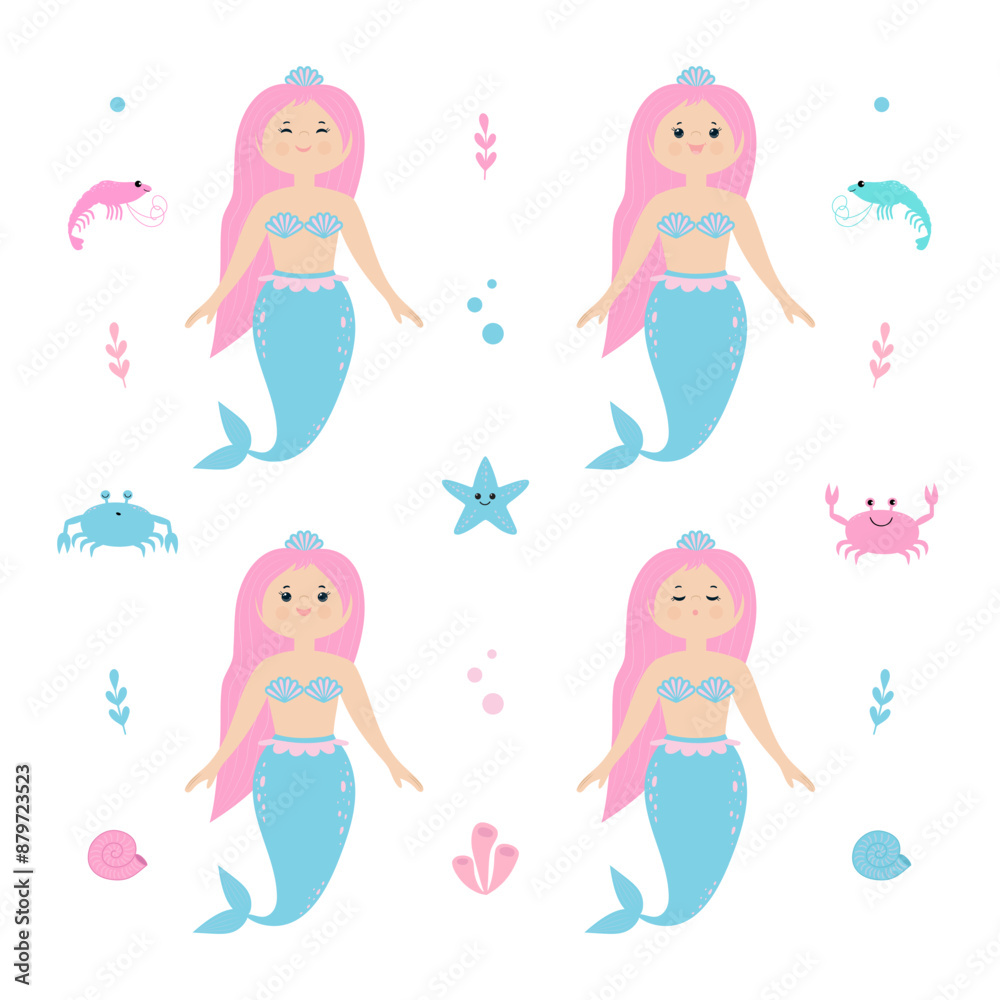 Set of marine cartoon characters: sleeping mermaid, smiling mermaid, laughing mermaid, rejoicing mermaid, crab, shrimp, starfish, shell, algae, bubble, coral. Set of marine cartoon characters: sleeping mermaid, smiling mermaid, laughing mermaid, rejoicing mermaid, crab, shrimp, starfish, shell, algae, bubble, coral.