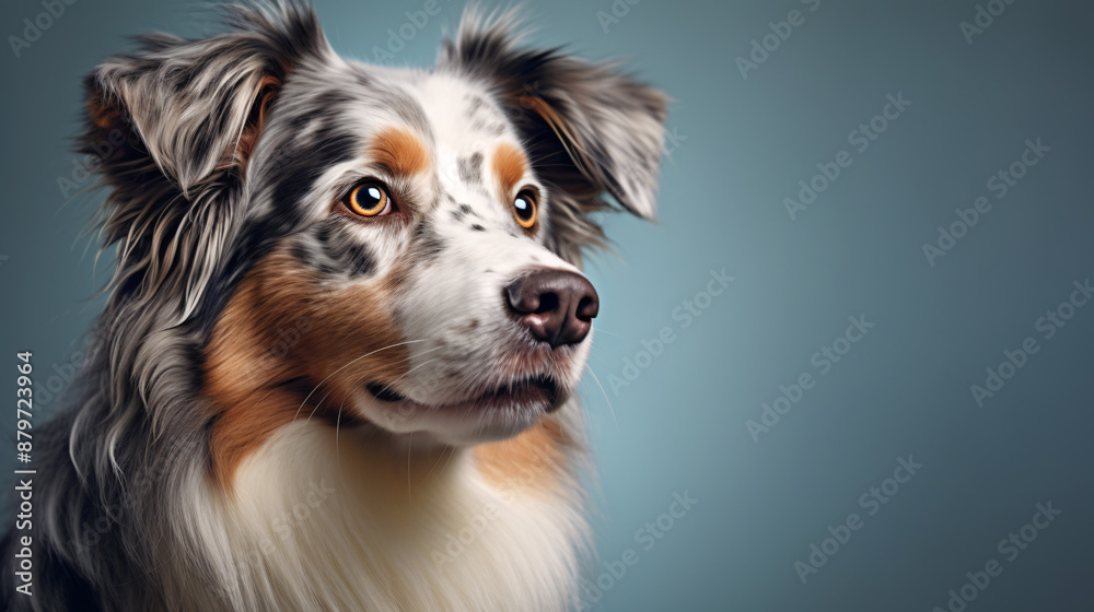 A loyal and intelligent Australian Shepherd dog with tricolor coat of white, gray and brown, looking attentive and focused against a blue background A loyal and intelligent Australian Shepherd dog with tricolor coat of white, gray and brown, looking attentive and focused against a blue background