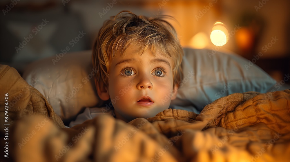 A young boy with big blue eyes looks up while lying in bed, illuminated by the soft, warm glow of a nearby lamp.
A young boy with big blue eyes looks up while lying in bed, illuminated by the soft, warm glow of a nearby lamp.