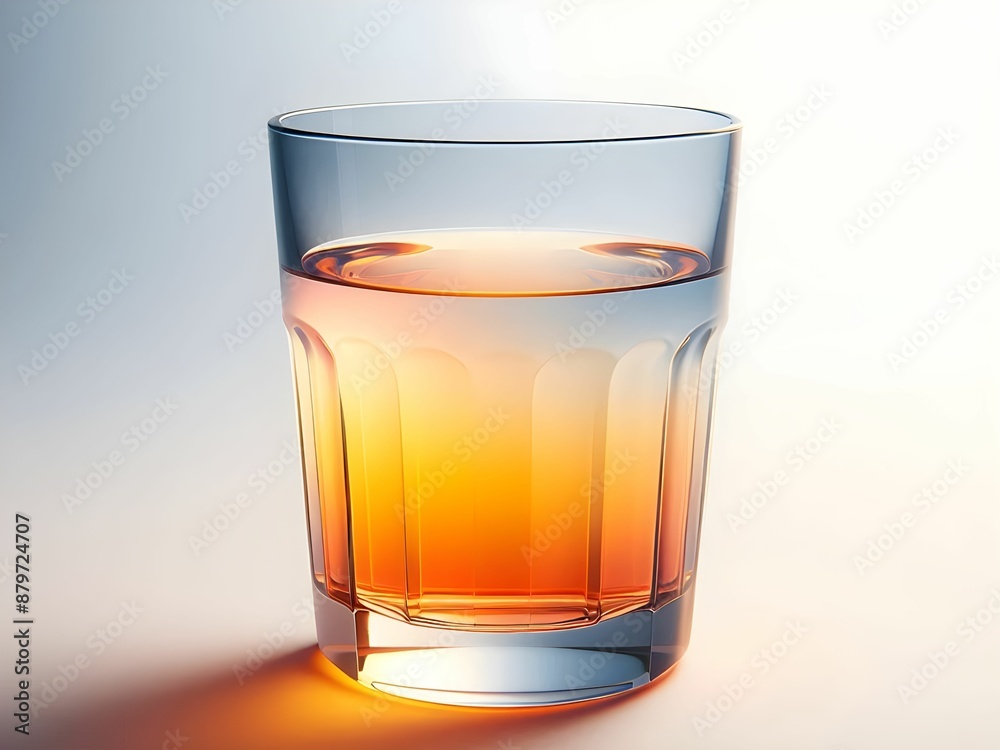 A glass cup containing a gradient mixture of transparent glowing orange liquid on an abstract white background A glass cup containing a gradient mixture of transparent glowing orange liquid on an abstract white background