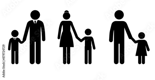Set of silhouettes of parents with their kid holding hands, transparent background.
