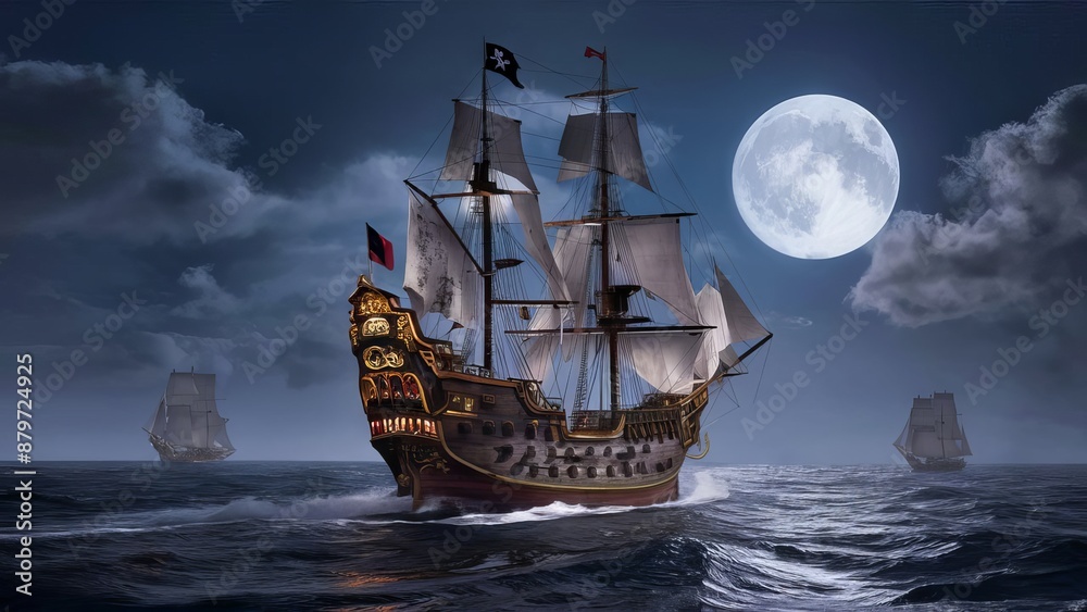 Fototapeta premium A pirate ship sailing in the sea under moonlight