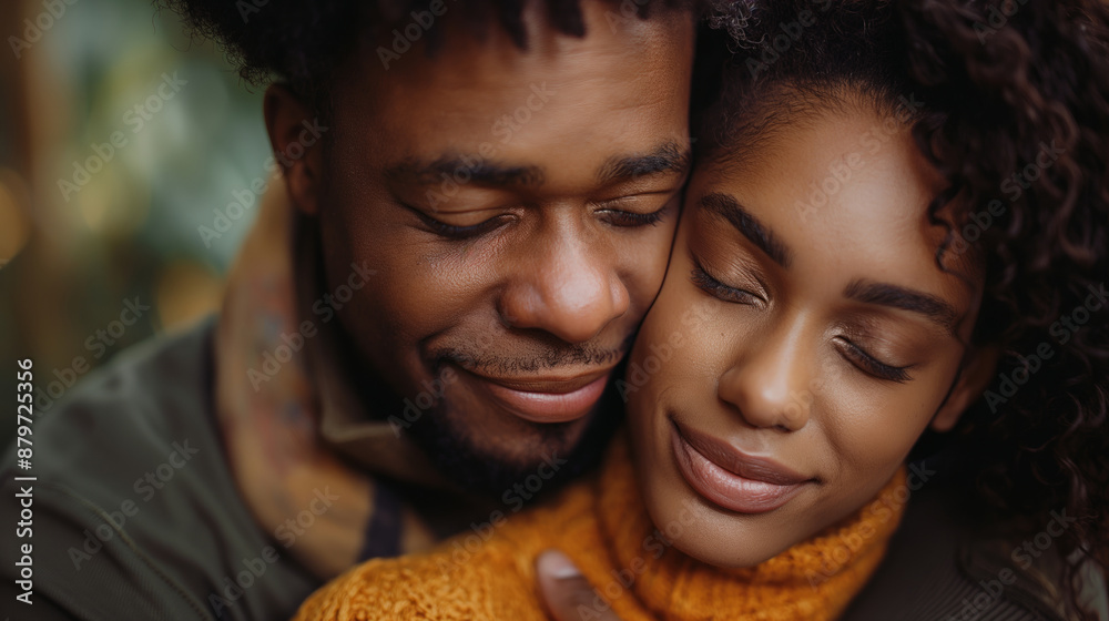 A couple, close with their eyes shut, sharing a serene and intimate moment. A couple, close with their eyes shut, sharing a serene and intimate moment.