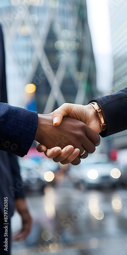 Aperto de Mão entre Dois Executivos com Edifício de Escritórios Moderno ao Fundo photo