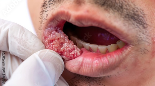 Close-up view of a person's oral cavity showing a medical examination of a growth.