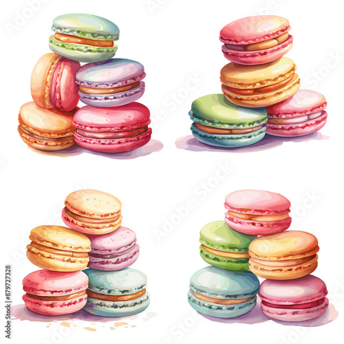 A set of four different colored macarons stacked on top of each other