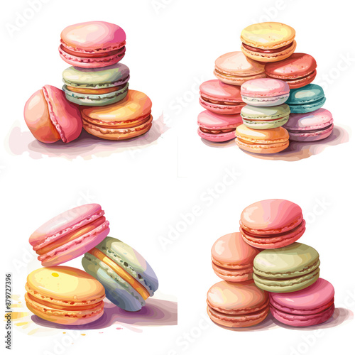 A set of four images of macarons, each with a different color and flavor