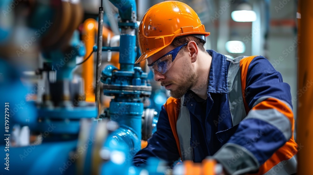 Experienced Worker Calibrating a Large Pump in a Town's Water Purification Station Experienced Worker Calibrating a Large Pump in a Town's Water Purification Station