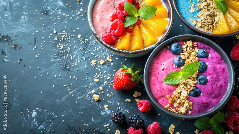 Colorful smoothie bowls topped with fresh fruits and granola