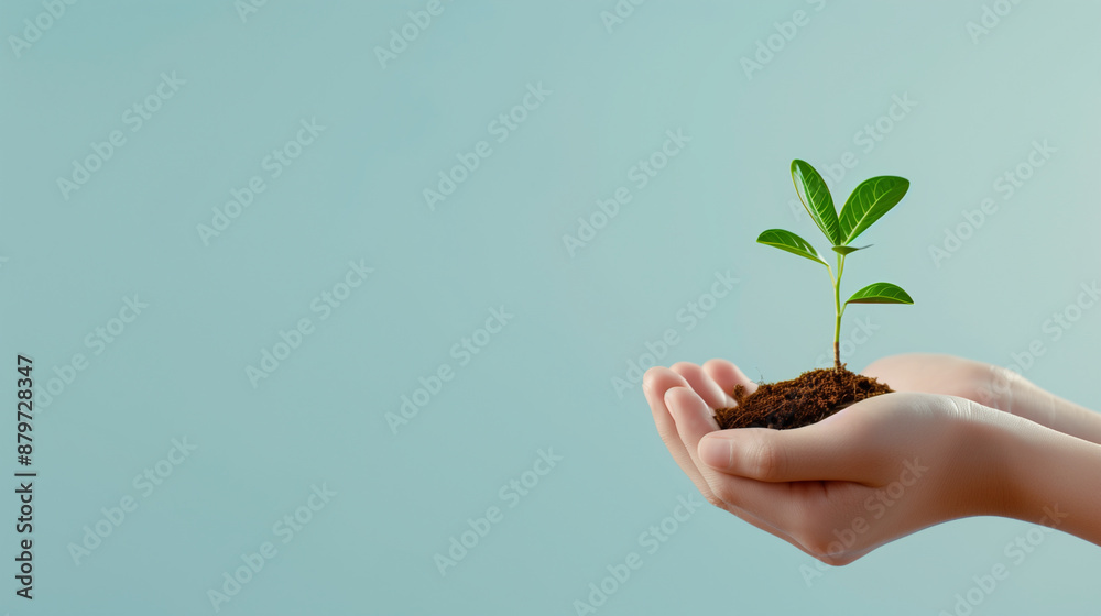 hands holding small tree seedling blue background nurturing nature environmental conservation promoting reforestation eco-friendly initiatives hands holding small tree seedling blue background nurturing nature environmental conservation promoting reforestation eco-friendly initiatives