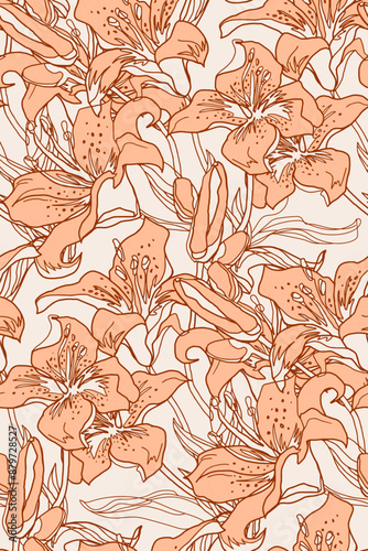 Curled lily flowers wavy seamless pattern in trendy peach fuzz trendy colors of the year. Home decor, textile, wallpaper, fabric, bedding, package.