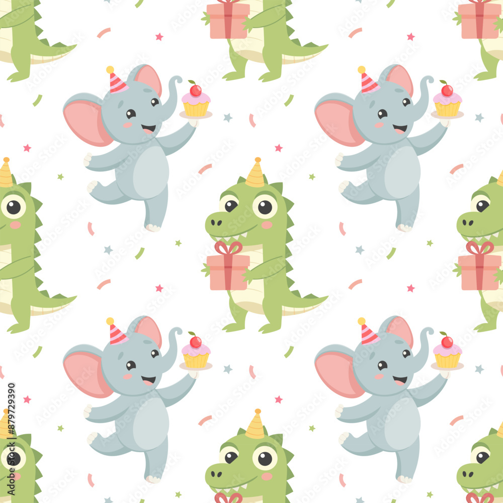 Naklejka premium Festive seamless pattern, cute baby African animals in festive hats, gift boxes, balloons and confetti. Background for birthday party. Packaging, textiles