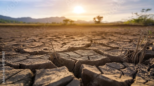 A cracked, dry earth under a hot sun, signifying drought and climate change impacts.