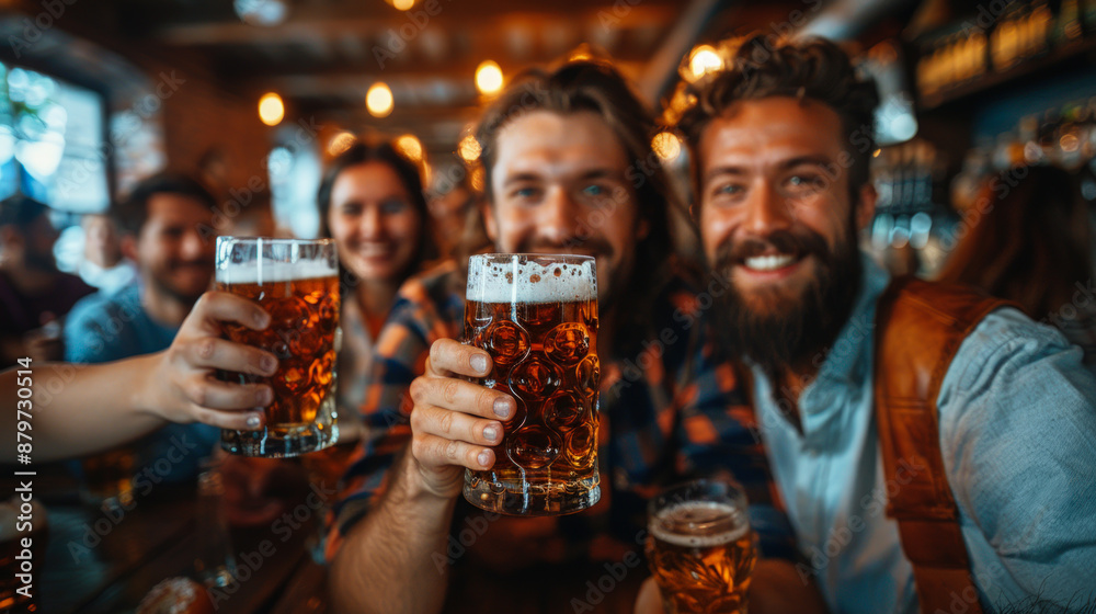 Friends Enjoying Beer at Oktoberfest Celebration in Cozy Pub Friends Enjoying Beer at Oktoberfest Celebration in Cozy Pub