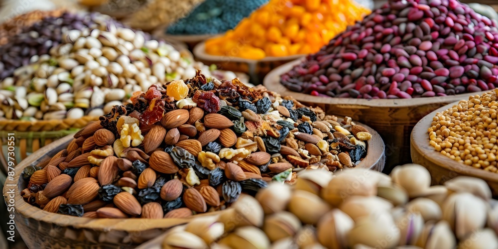 Abundance and Health A Colorful Display of Nuts, Seeds, and Dried Fruits. Concept Healthy Snack Options, Abundance of Nuts, Colorful Nuts and Seeds, Nutritious Dried Fruits, Vibrant Food Display Abundance and Health A Colorful Display of Nuts, Seeds, and Dried Fruits. Concept Healthy Snack Options, Abundance of Nuts, Colorful Nuts and Seeds, Nutritious Dried Fruits, Vibrant Food Display