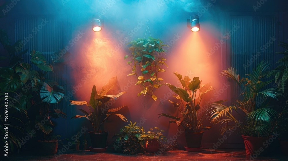 Fototapeta premium Indoor Plants Illuminated by Spotlights in a Mystical Atmosphere
