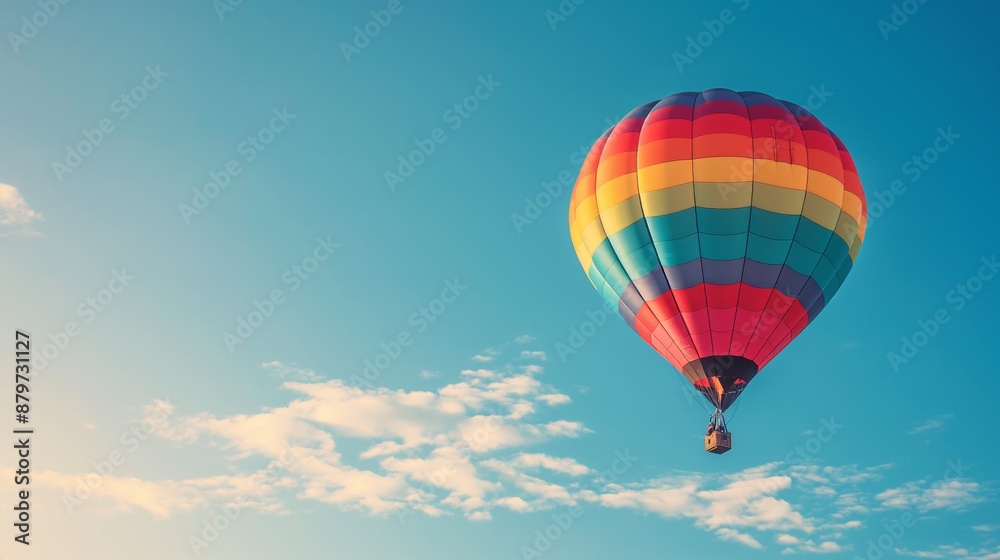 Fototapeta premium Colorful hot air balloon floating in a clear blue sky with a few clouds, a serene scene of adventure.