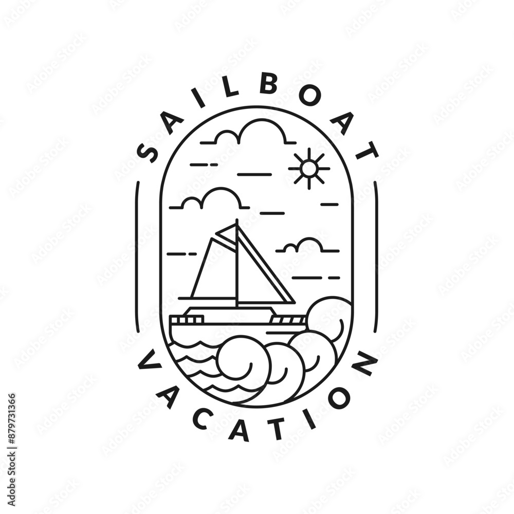 Fototapeta premium illustration of sailboat and ocean monoline or line art style