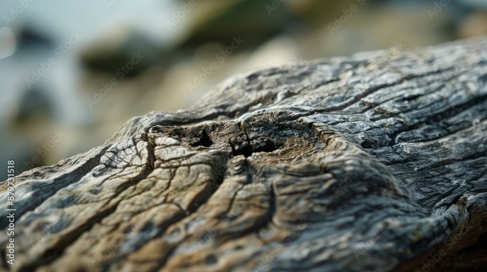 Rough-textured driftwood, marked by time at sea, ideal for coastal decor and environmental education Rough-textured driftwood, marked by time at sea, ideal for coastal decor and environmental education