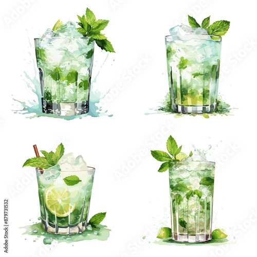 Four different types of drinks with green garnishes