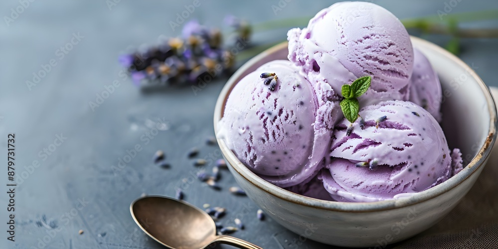 Unique Flavors of Lavender Ice Cream at a Cozy Cafe. Concept Lavender Ice Cream, Unique Flavors, Cozy Cafe, Sweet Treats, Dessert Experience Unique Flavors of Lavender Ice Cream at a Cozy Cafe. Concept Lavender Ice Cream, Unique Flavors, Cozy Cafe, Sweet Treats, Dessert Experience