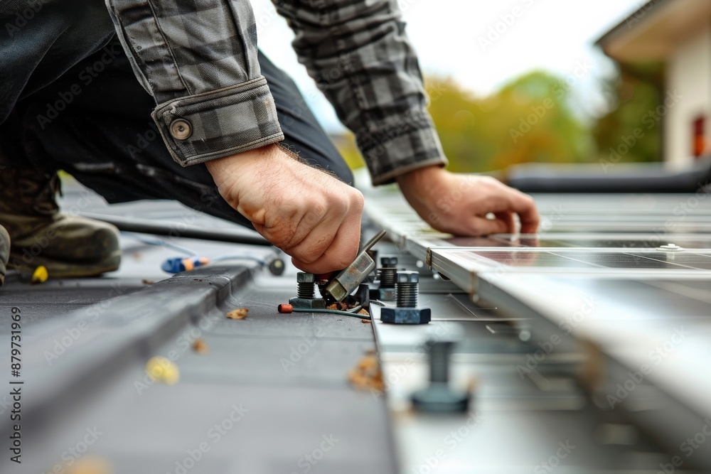 A close-up view of a technician's hands securing a solar panel to a residential rooftop A close-up view of a technician's hands securing a solar panel to a residential rooftop