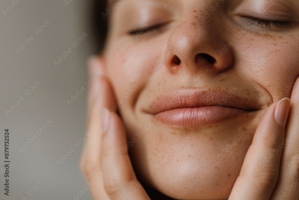 A close-up portrait of a woman with her eyes closed and a gentle smile, her hands cradling her cheeks against a soft, neutral background A close-up portrait of a woman with her eyes closed and a gentle smile, her hands cradling her cheeks against a soft, neutral background