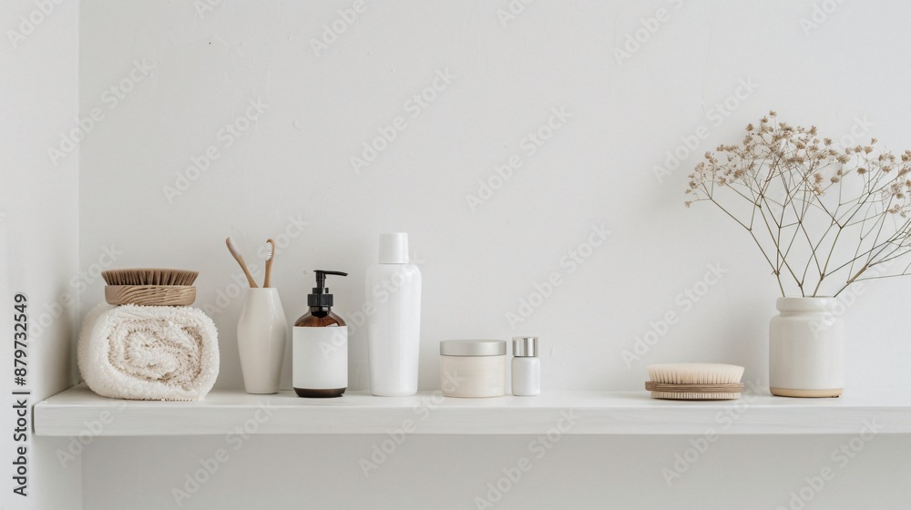 A clean, white bathroom shelf with a few minimalist skincare products arranged neatly A clean, white bathroom shelf with a few minimalist skincare products arranged neatly