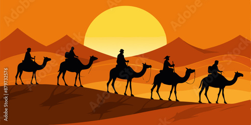 Silhouettes of camel riders crossing the sandy desert. Camel riders on a sunset background. A sandy desert.